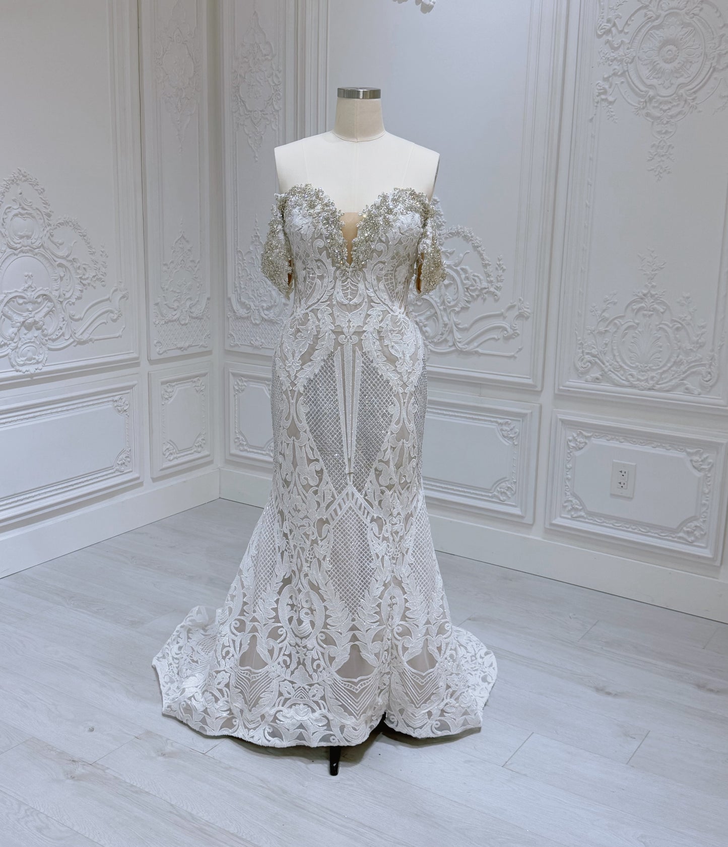 Stock Sale! Ivory crystal beaded fitting trumpet wedding dress with split - Ting's Bridal Collection