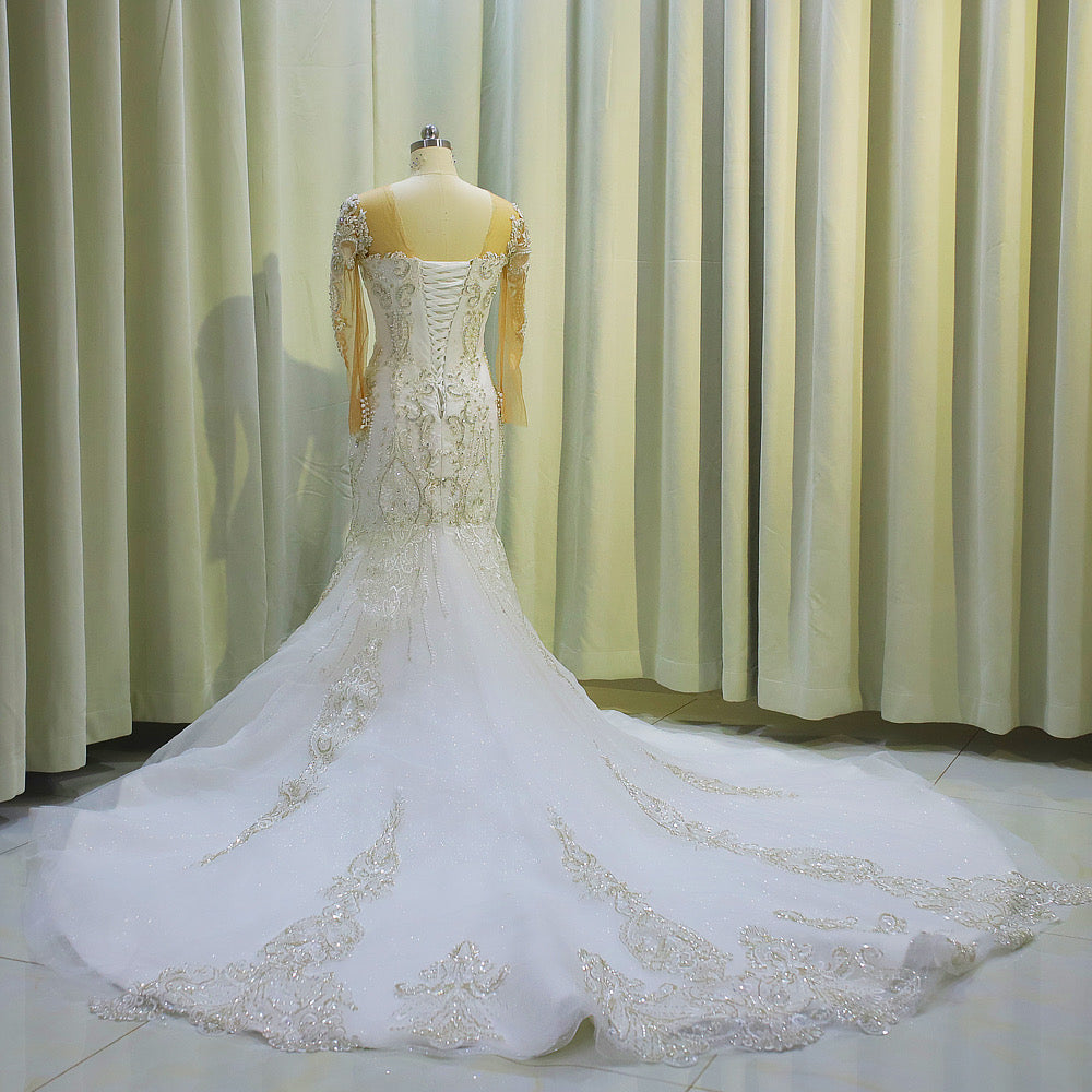 TBC-CM004 Custom-made luxury beading long sleeve 2 in 1 mermaid wedding dress with detachable skirt - Ting's Bridal Collection