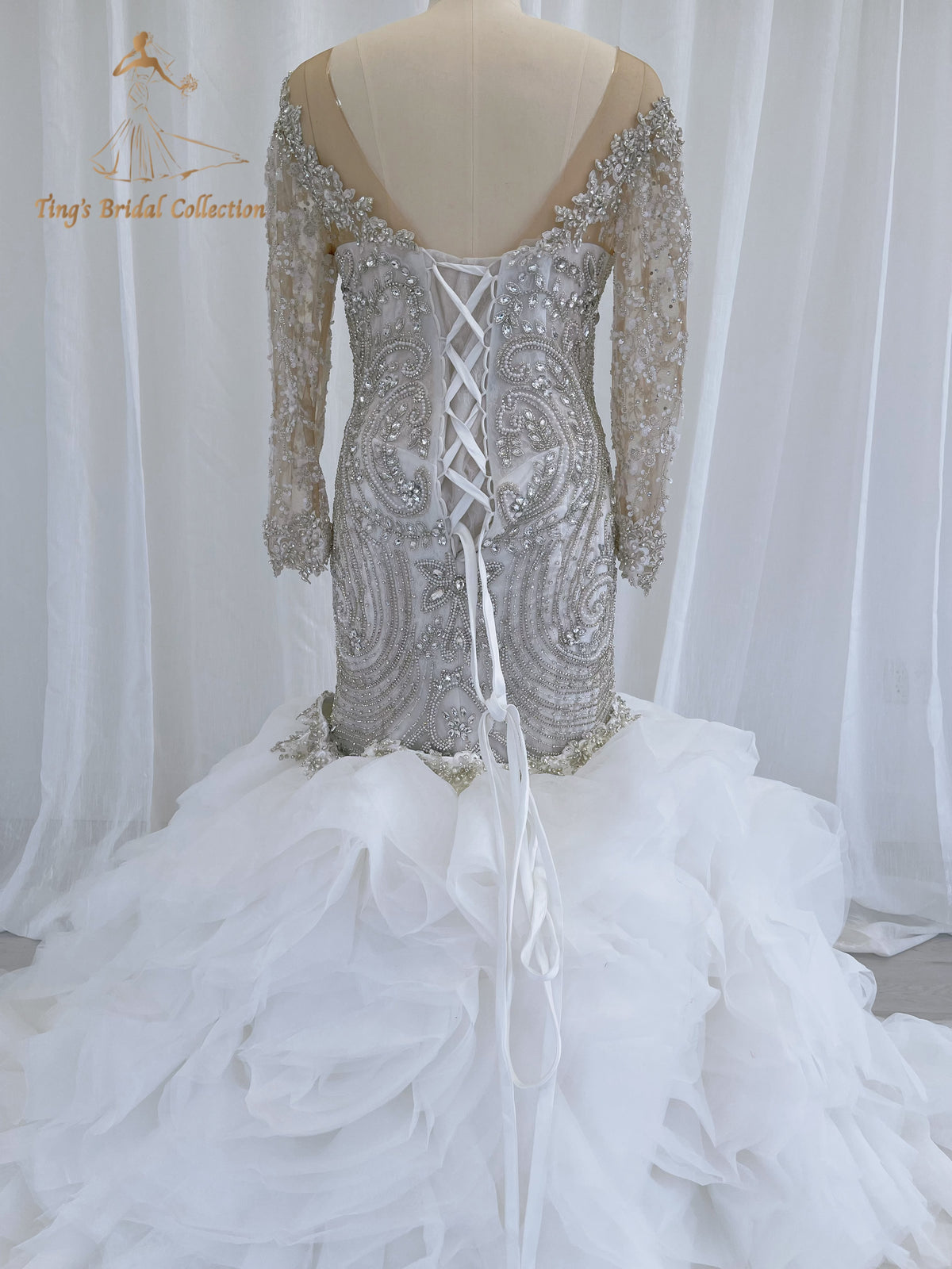 TBC-CM49 Custom-made fully crystal beaded long sleeve mermaid royal wedding dress with detachable ruffles skirt - Ting's Bridal Collection