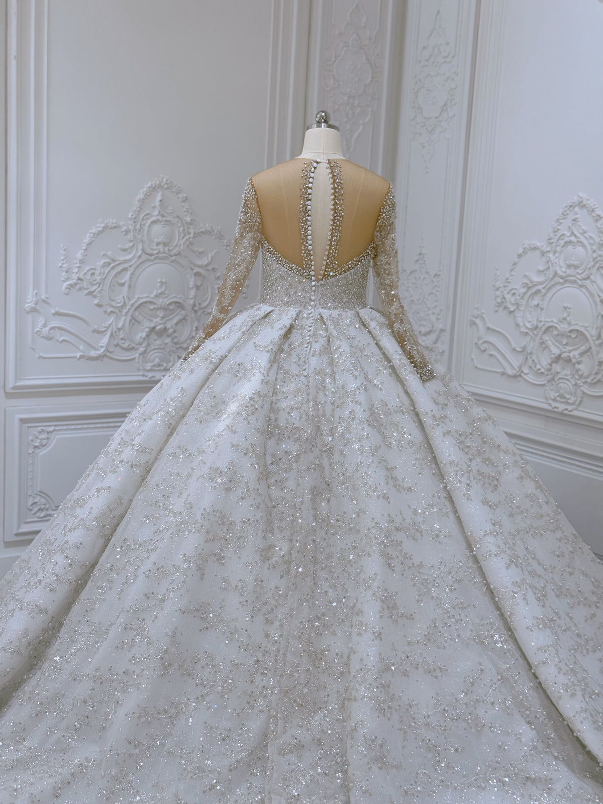 TBC-CM52 Custom-made luxury crystal with beading lace long sleeve sparkling princess ballgown royal wedding dress - Ting's Bridal Collection