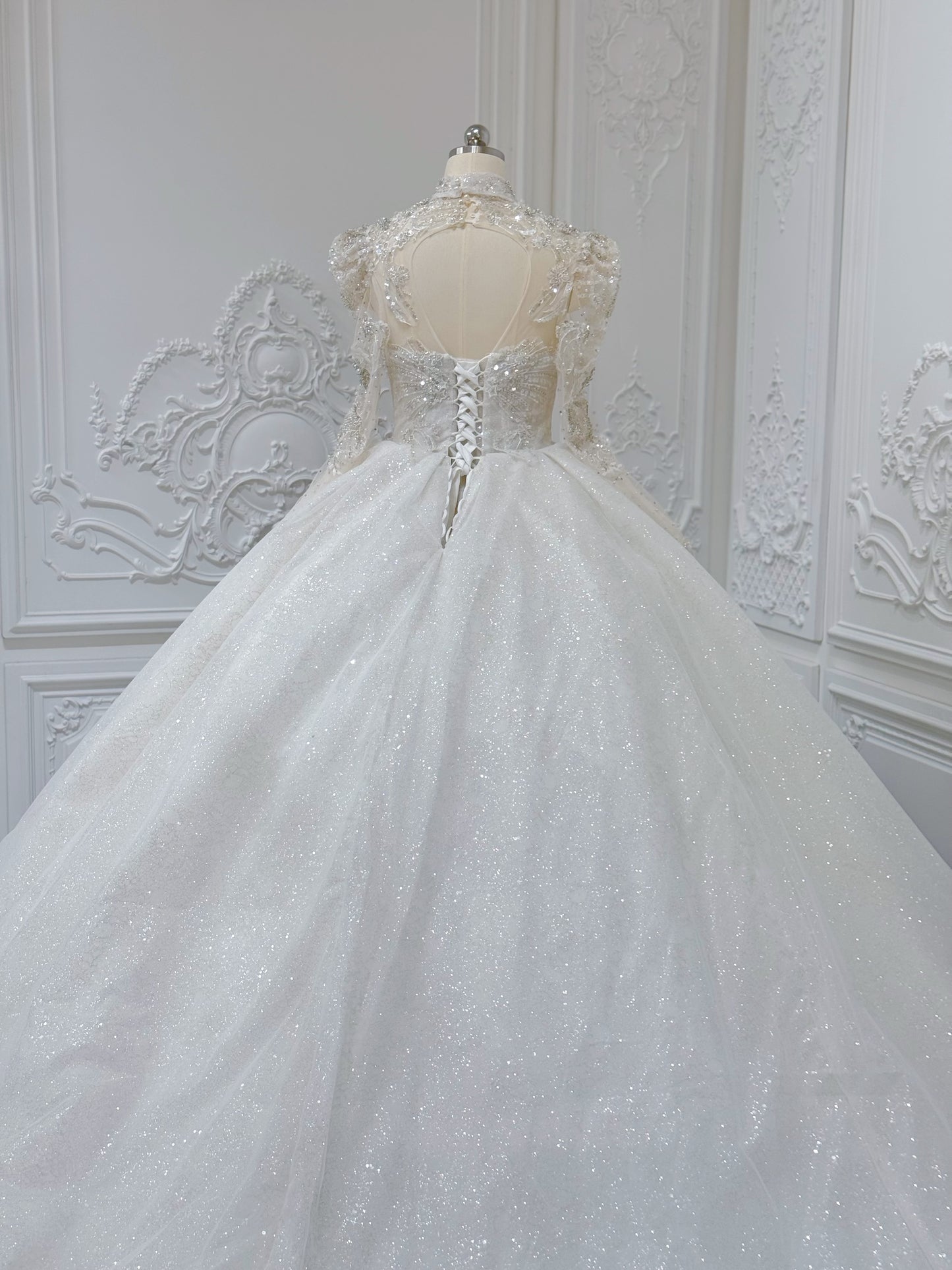Stock Clearance! Bridal size 10! Luxury crystal beaded with beading lace long sleeve Victorian royal wedding dress with detachable neckpiece - Ting's Bridal Collection