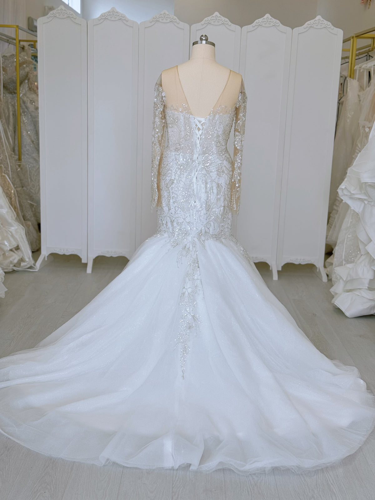 TBC-CM37 Custom-made luxury crystal with beading long sleeve sparkling mermaid wedding dress - Ting's Bridal Collection
