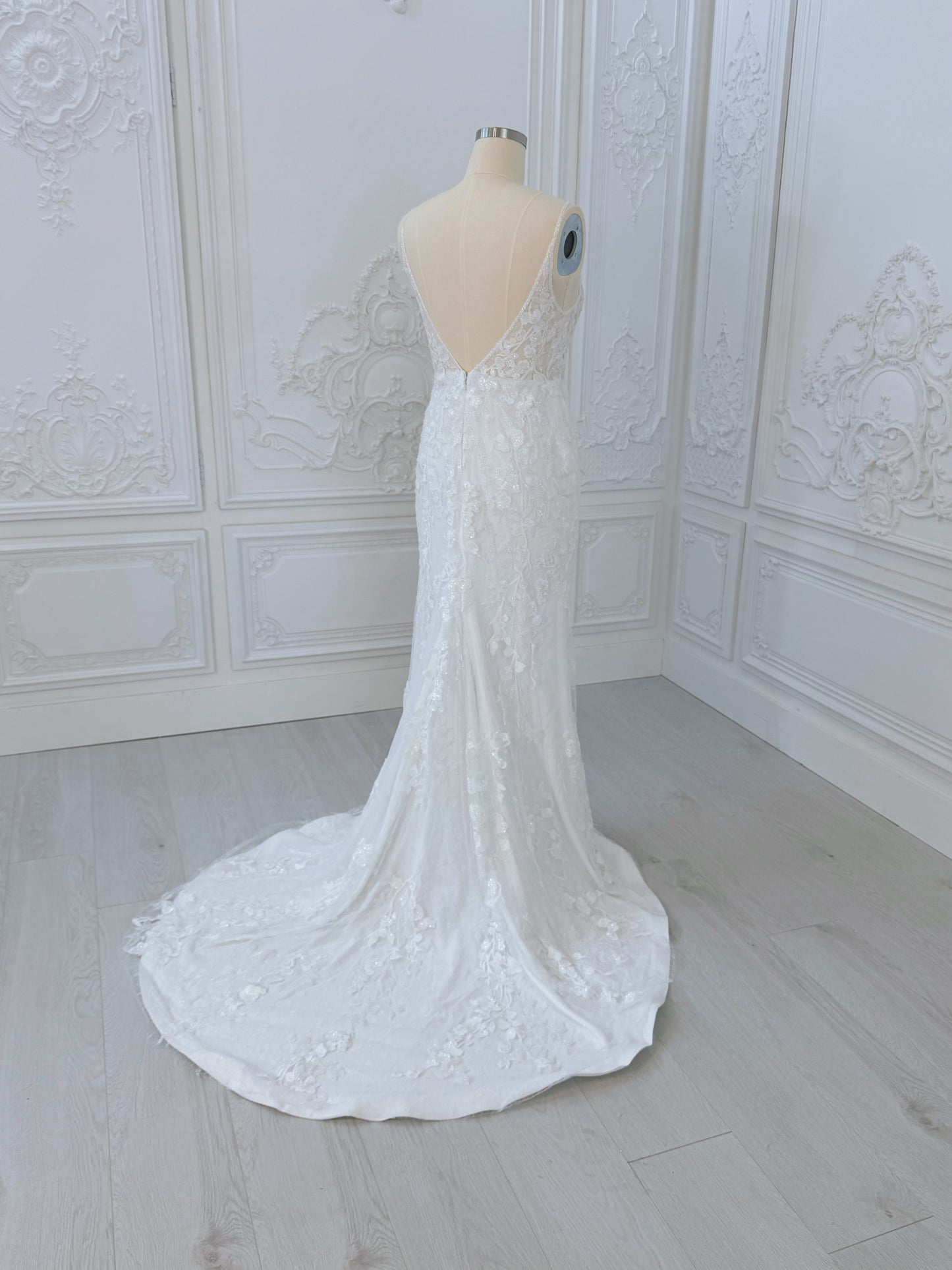 Stock clearance! Bridal size 12! White beading lace spaghetti strap with V-neck and V-back white trumpet style wedding dress - Ting's Bridal Collection