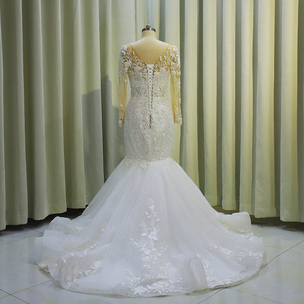 TBC-CM001 Custom-made floral embroidered long sleeve 2 in 1 ballgown and mermaid wedding dress with detachable skirt - Ting's Bridal Collection