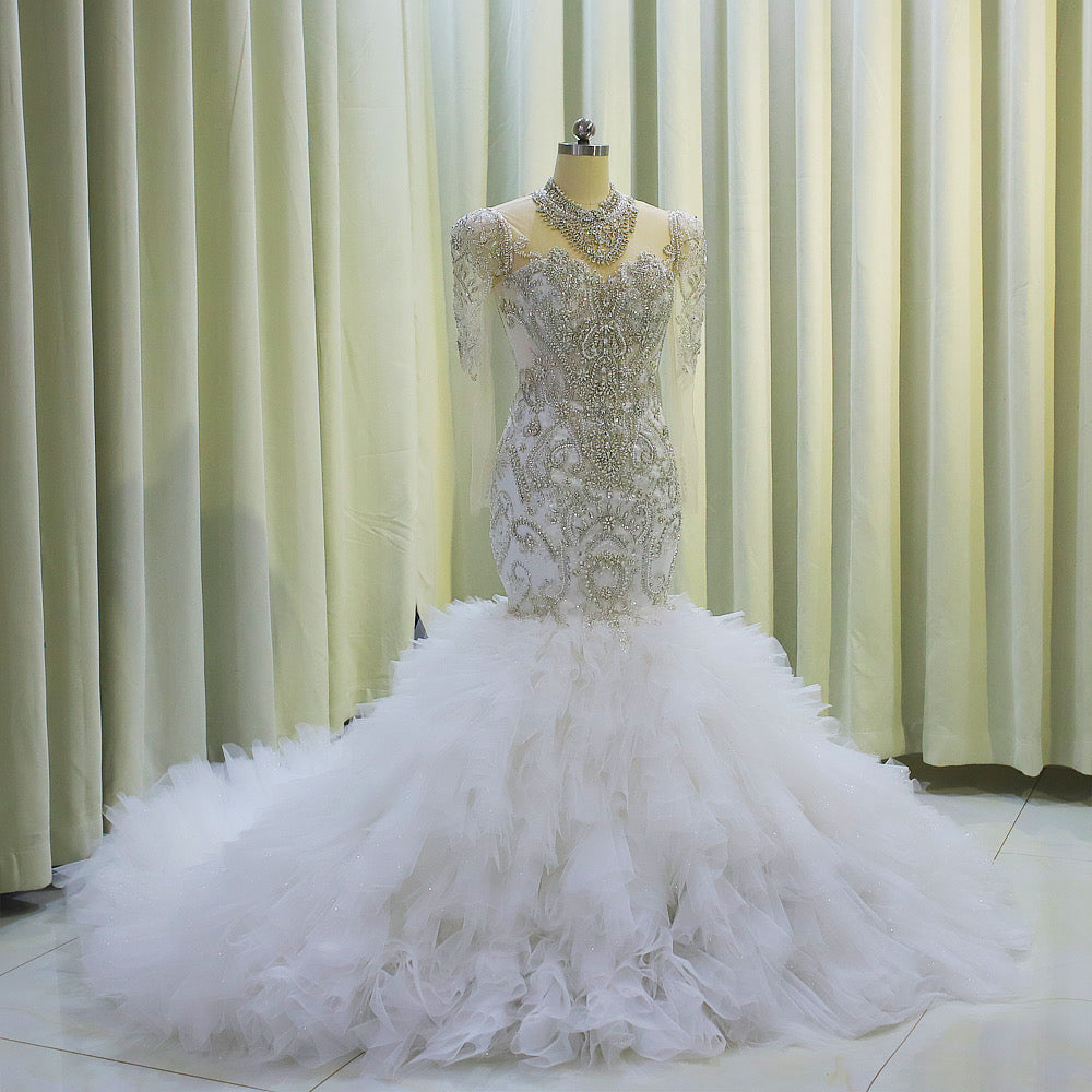 TBC-CM006 Luxury crystal beading long sleeve mermaid royal wedding dress with ruffles skirt - Ting's Bridal Collection
