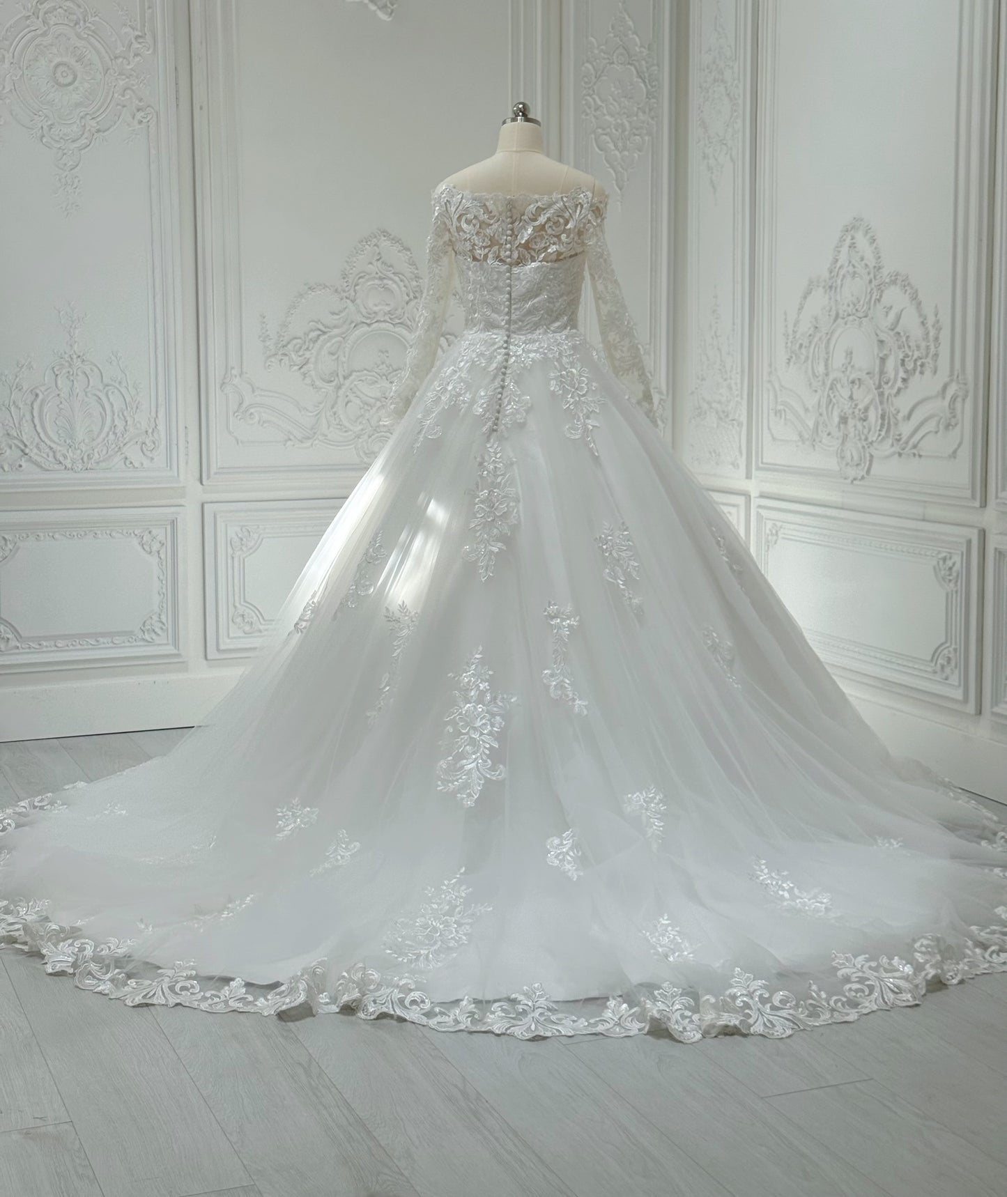 Stock Clearance! Bridal size 4! Custom-made off the shoulder with long sleeve classic lace Aline wedding dress - Ting's Bridal Collection
