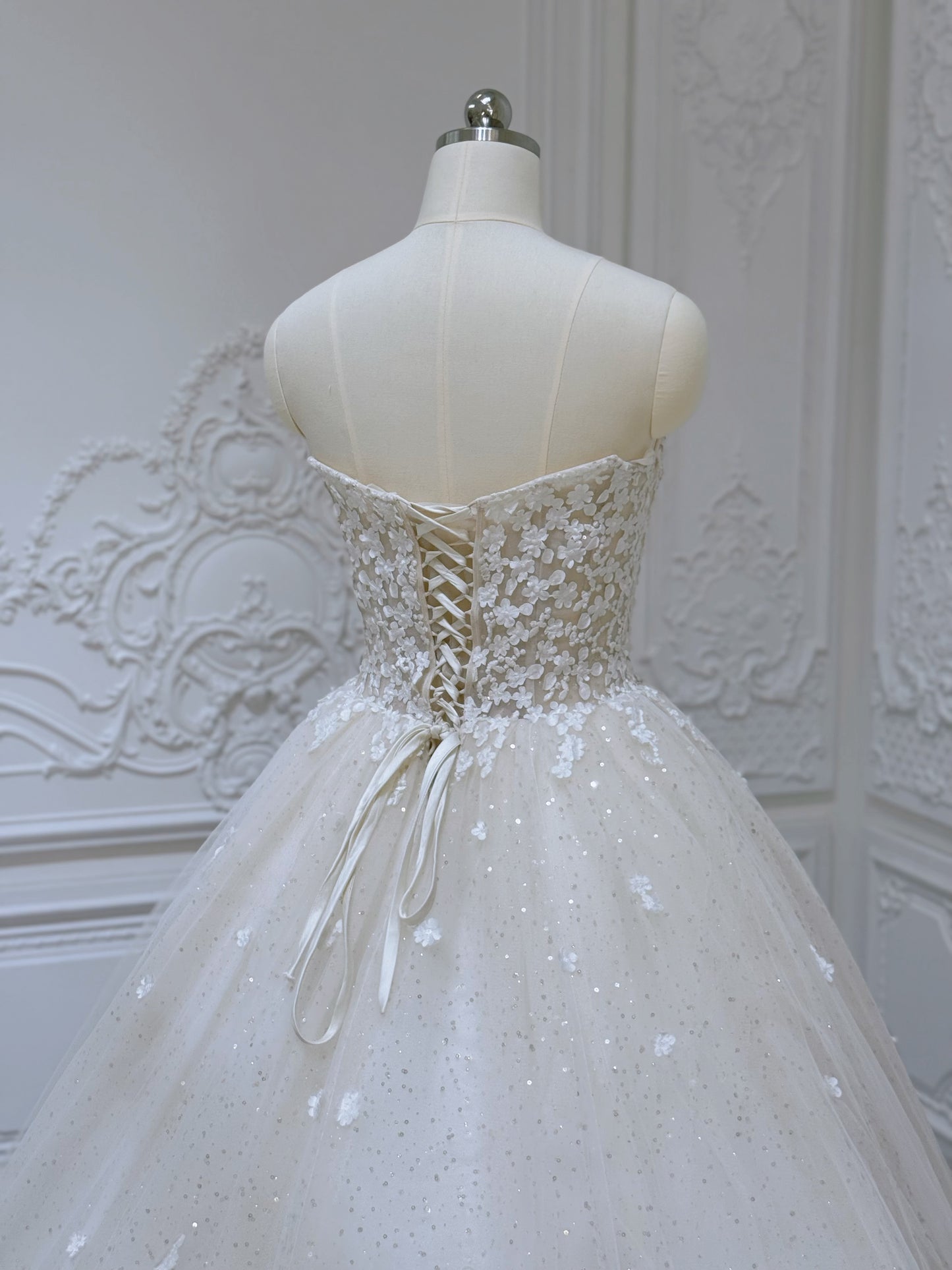 Stock clearance! Bridal size 6! Strapless ivory 3D floral Aline style fairy wedding dress - Ting's Bridal Collection