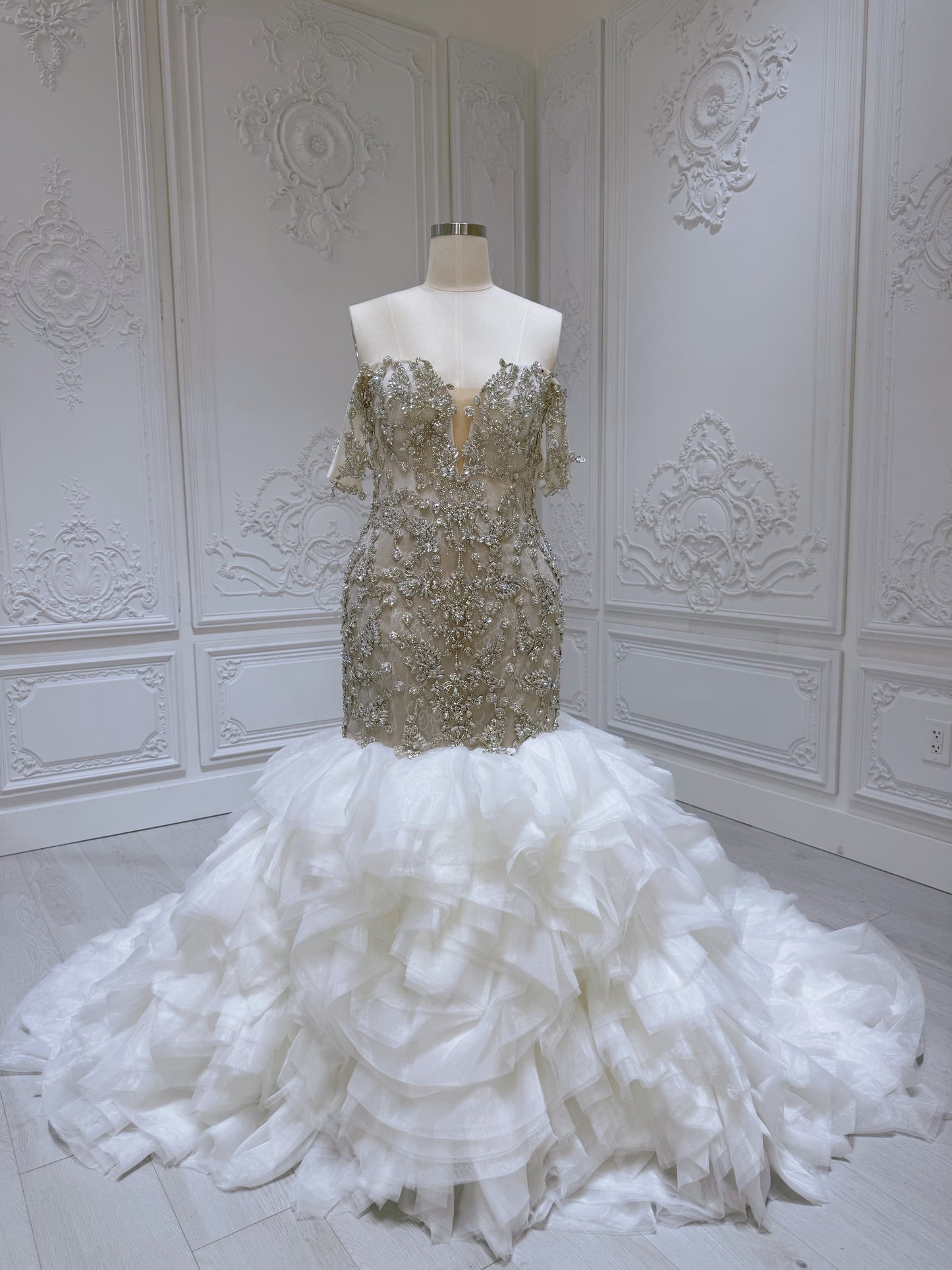 TBC-M008 Stock clearance! Luxury crystal beaded champagne mermaid wedding dress with ruffled skirt - Ting's Bridal Collection