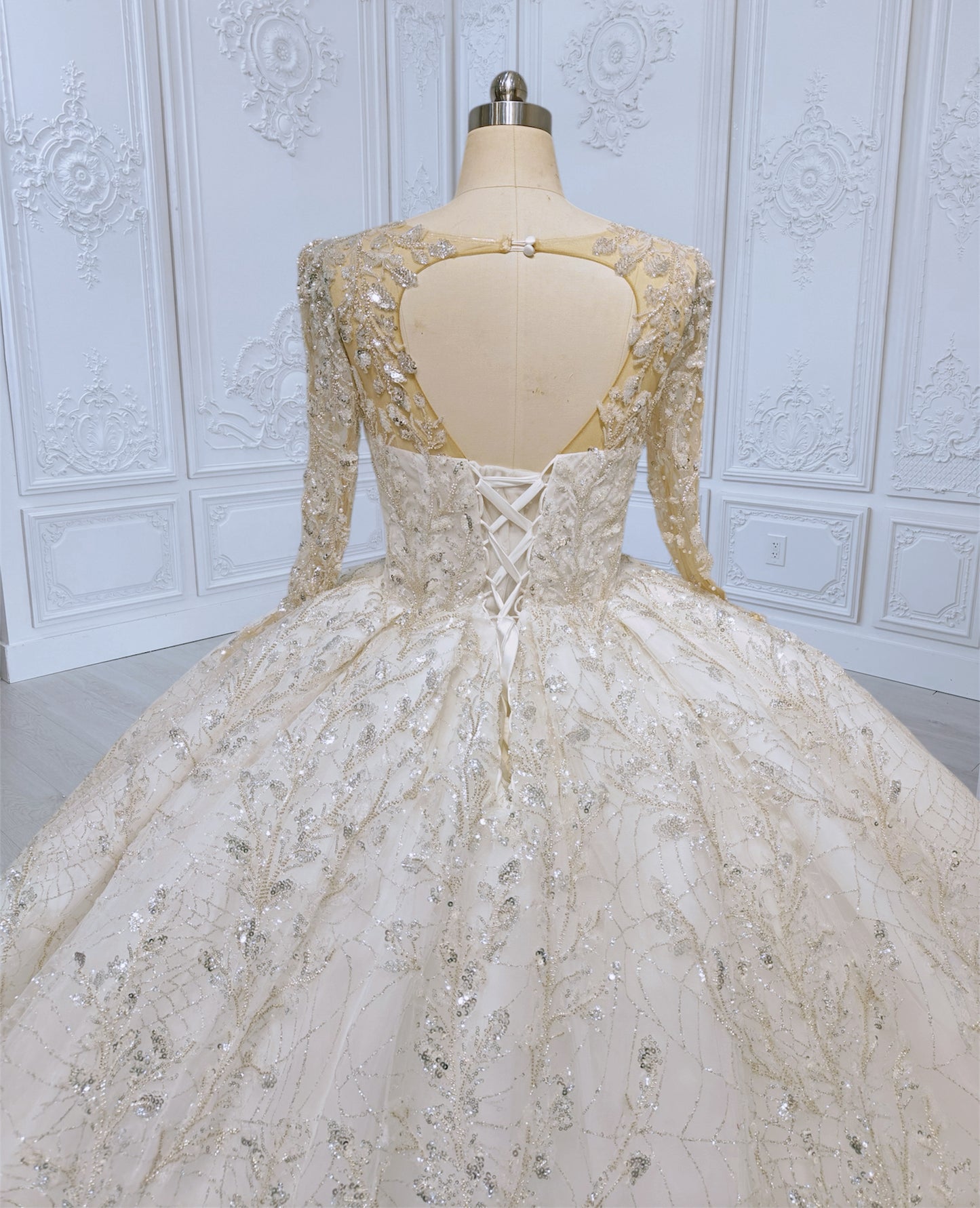 TBC-CM012 Made to order luxury beading lace embroidered sparkling long sleeve princess ballgown royal wedding dress - Ting's Bridal Collection