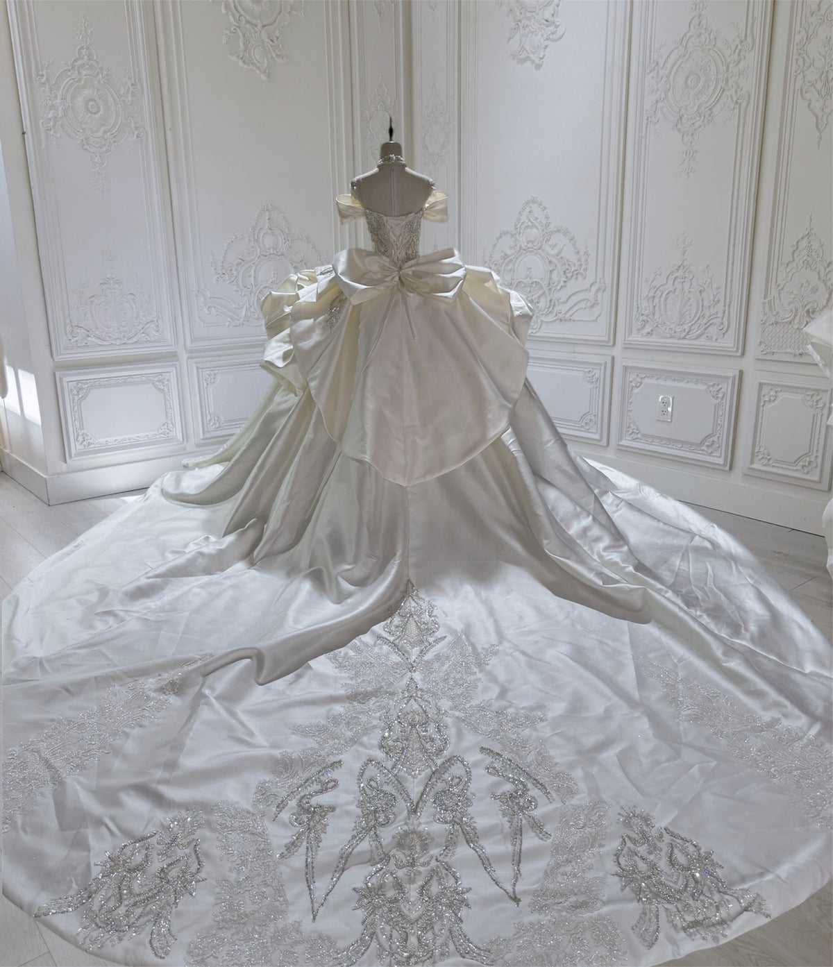 Custom-made Ivory satin luxury beading off the shoulder princess ballgown royal wedding dress - Ting's Bridal Collection