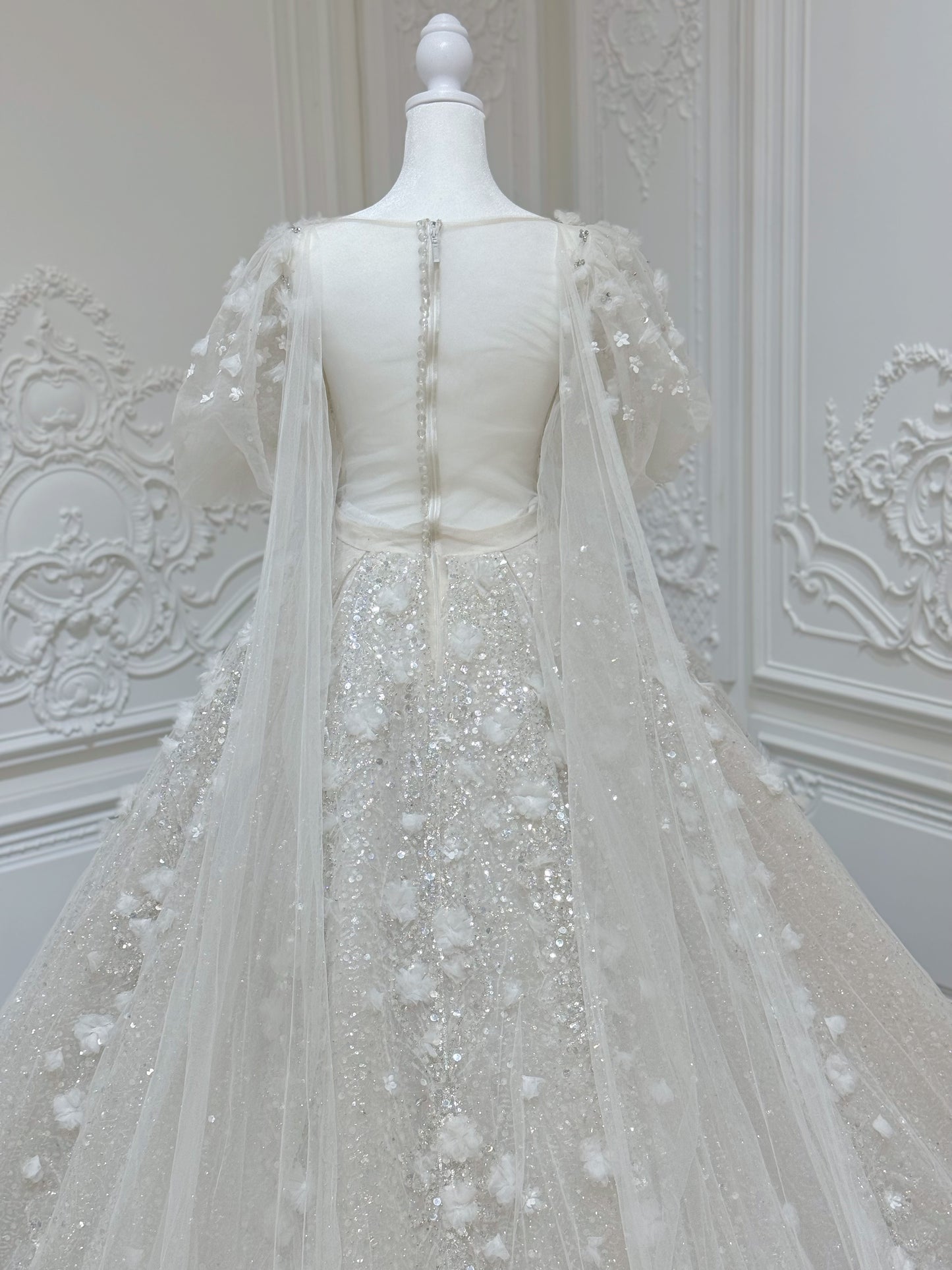 Stock Clearance! Floor sample Bridal Size 2! Custom-made sparkling beading with 3D floral puffy short sleeve ivory Aline fairy wedding dress - Ting's Bridal Collection