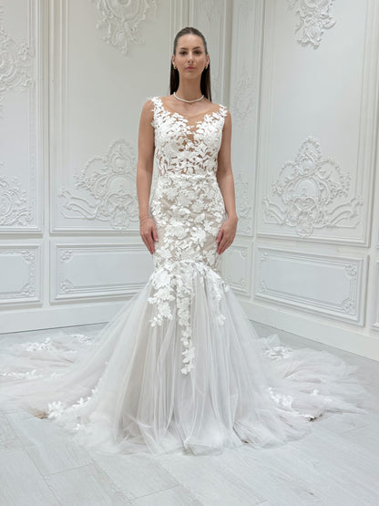 Stock sale! Custom-made champagne sleeveless floral lace embroidered mermaid wedding dress - Ting's Bridal Collection
