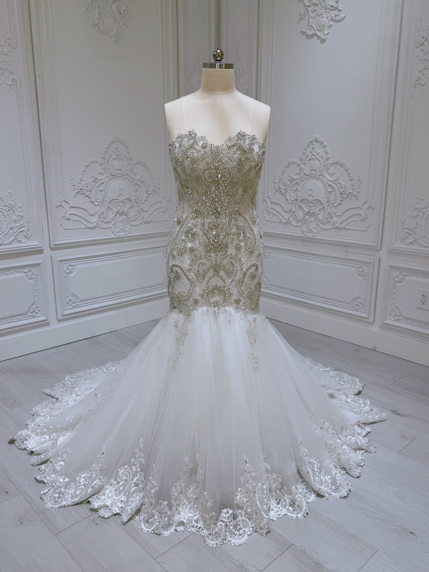 TBC-2IN1-001 Luxury beading sparkling mermaid royal wedding dress with detachable ruffled skirt - Ting's Bridal Collection