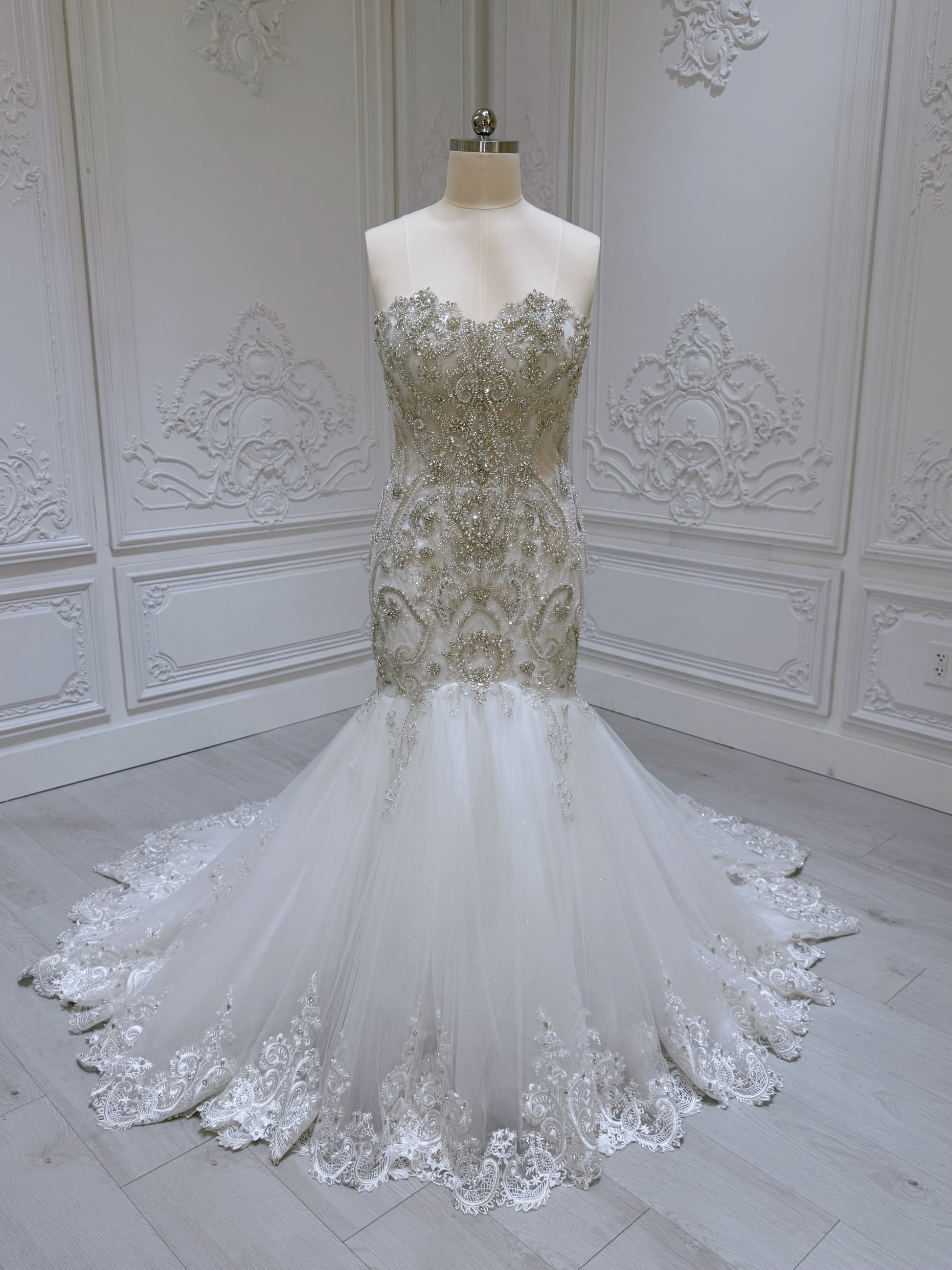 TBC-2IN1-001 Luxury beading sparkling mermaid royal wedding dress with detachable ruffled skirt - Ting's Bridal Collection