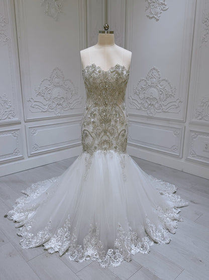TBC-2IN1-001 Luxury beading sparkling mermaid royal wedding dress with detachable ruffled skirt - Ting's Bridal Collection