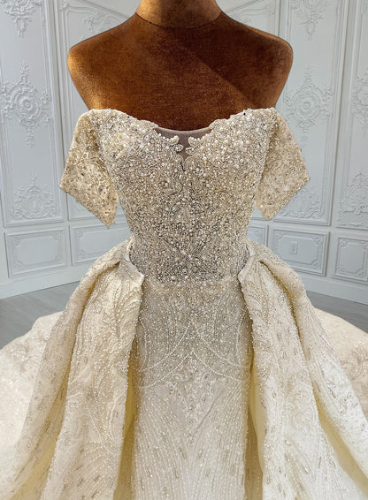 TBC-CM010  Custom-made luxury crystal beading off the shoulder 2 in 1 look trumpet and Aline wedding dress with detachable skirt - Ting's Bridal Collection