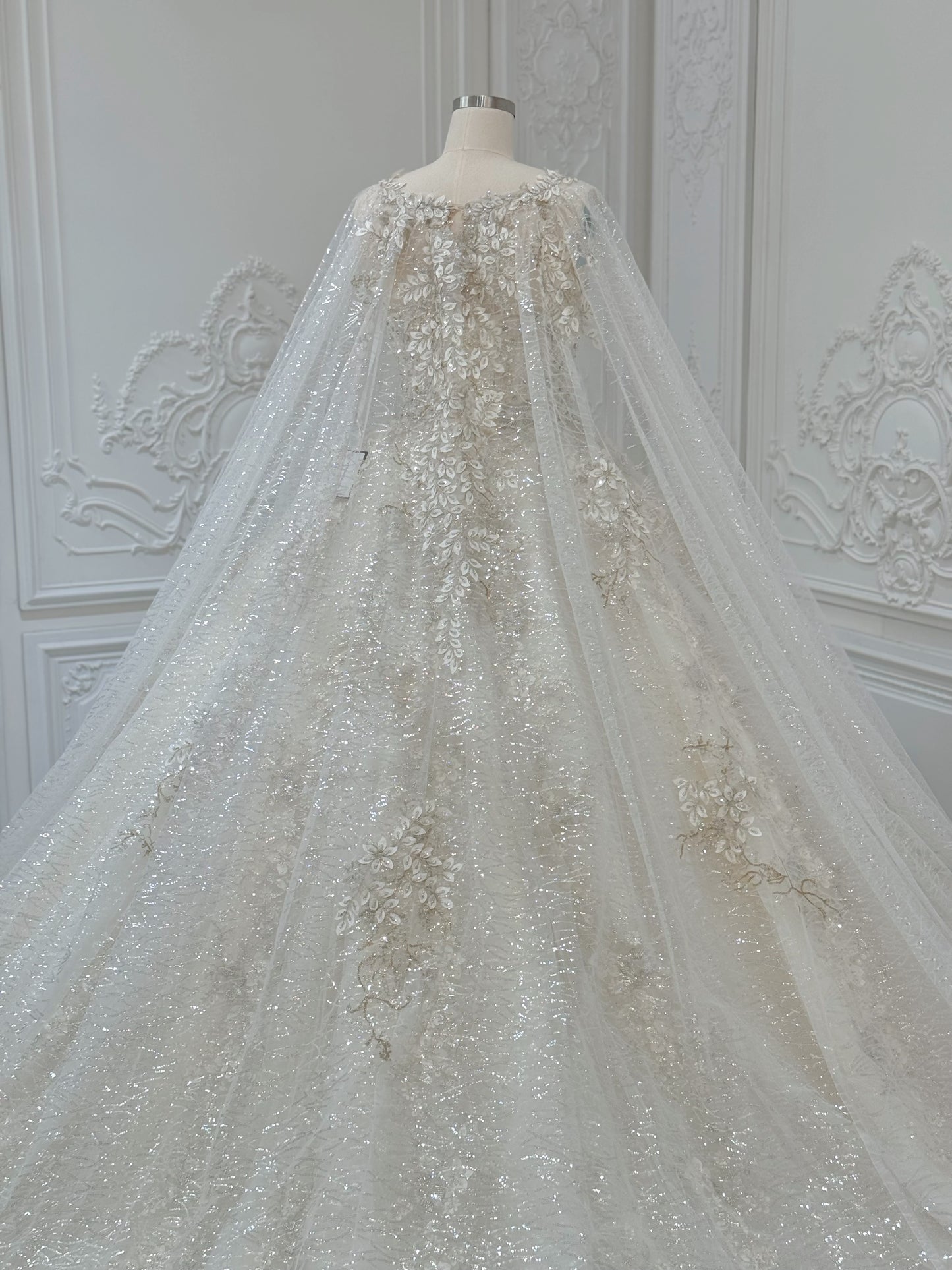 Stock Clearance! Bridal Size 12! Champagne color sparkling 3D floral lace princess ballgown fairy wedding dress with detachable cape - Ting's Bridal Collection