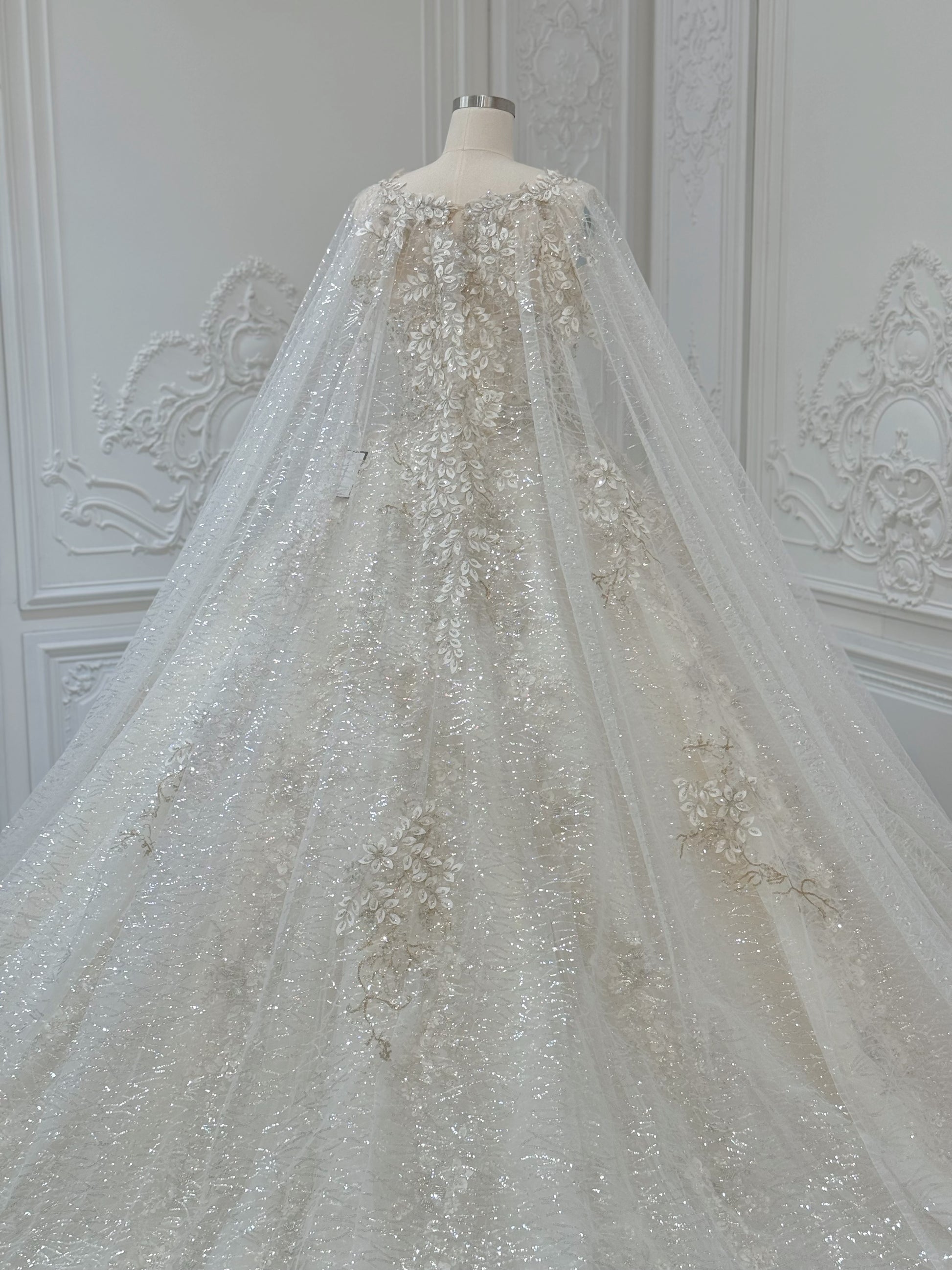 Stock Clearance! Bridal Size 12! Champagne color sparkling 3D floral lace princess ballgown fairy wedding dress with detachable cape - Ting's Bridal Collection
