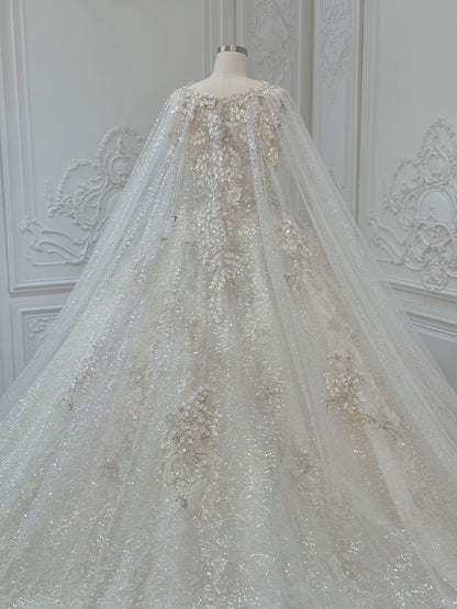 Stock Clearance! Bridal Size 12! Champagne color sparkling 3D floral lace princess ballgown fairy wedding dress with detachable cape - Ting's Bridal Collection
