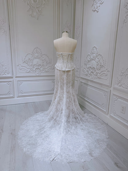 TBC-BM036 Stock of pearl beading lace vintage mermaid wedding dress