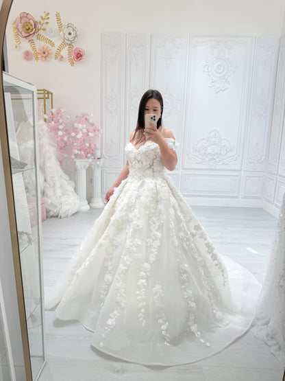 Stock Sale! Bridal size 12! Custom-made 3D floral embroidered off the shoulder with sweetheart Aline fairy wedding dress - Ting's Bridal Collection