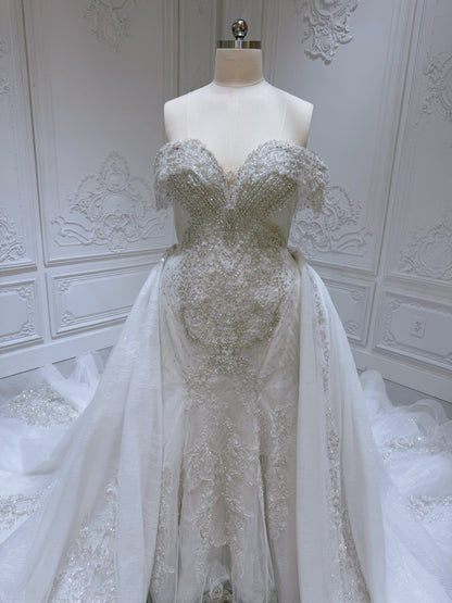 Stock clearance! Bridal size 16! Off white 2 in 1 look feather mermaid wedding dress with detachable skirt. - Ting's Bridal Collection
