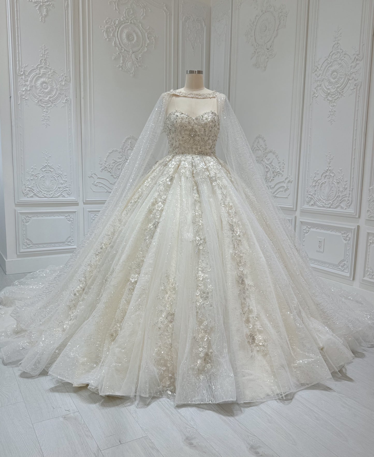 Stock Clearance! Bridal Size 12! Champagne color sparkling 3D floral lace princess ballgown fairy wedding dress with detachable cape - Ting's Bridal Collection