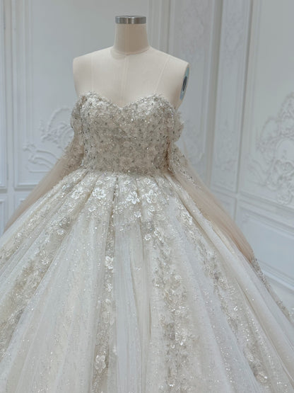 Stock Clearance! Bridal Size 12! Champagne color sparkling 3D floral lace princess ballgown fairy wedding dress with detachable cape - Ting's Bridal Collection