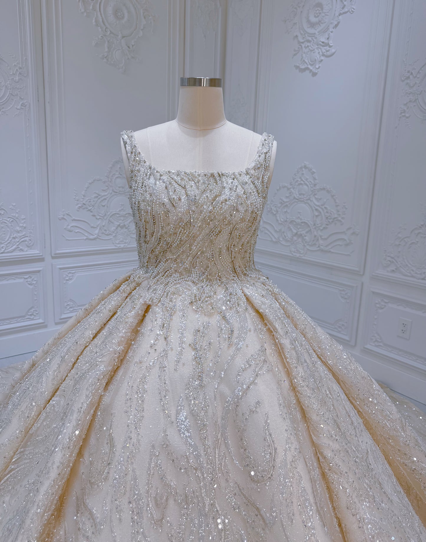 Custom-made luxury beading square neck sparkling princess ballgown royal wedding dress - Ting's Bridal Collection