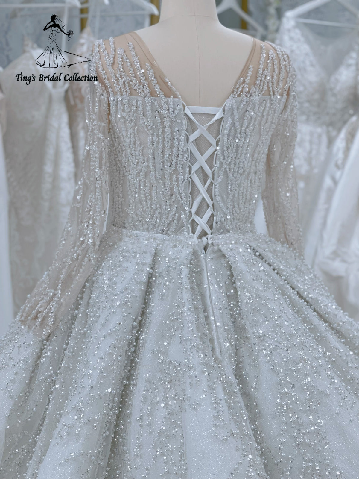 TBC-NB095 Custom-made luxury pearl&beading lace long sleeve ballgown royal wedding dress - Ting's Bridal Collection