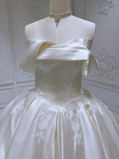 TBC-MB097 Custom-made lace embroidered off the shoulder ivory satin ballgown wedding dress - Ting's Bridal Collection
