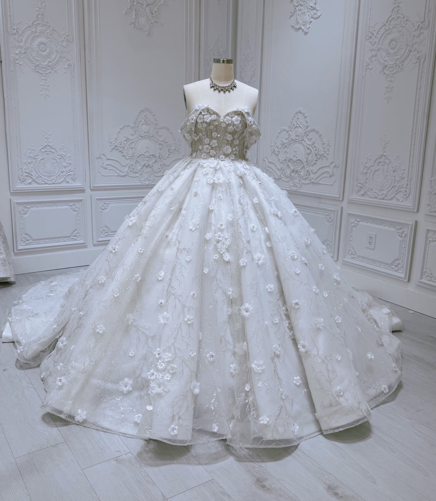 Stock Clearance! Bridal size 12! Custom-made beading with 3D floral off the shoulder princess ballgown fairy wedding dress - Ting's Bridal Collection