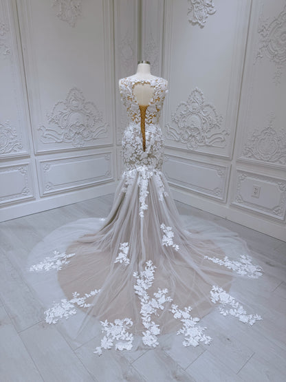 TBC-A017 Made to order lace mermaid champagne wedding dress - Ting's Bridal Collection