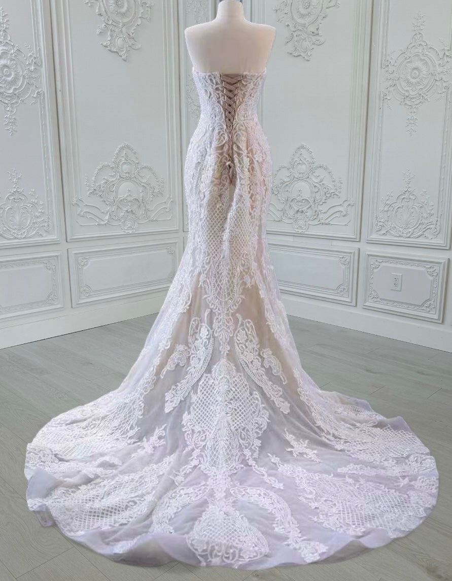 TBC-CM39 Custom-made champagne color off the shoulder lace embroidered mermaid wedding dress - Ting's Bridal Collection