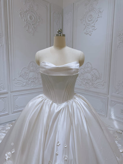 Custom-made sand color 3D floral satin princess ballgown fairy wedding dress - Ting's Bridal Collection