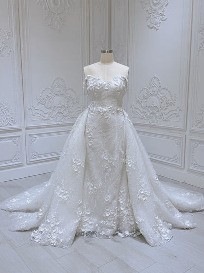 TBC-2IN1-002  Stock of White 3D floral off the shoulder 2 in 1 split mermaid wedding dress with detachable skirt - Ting's Bridal Collection