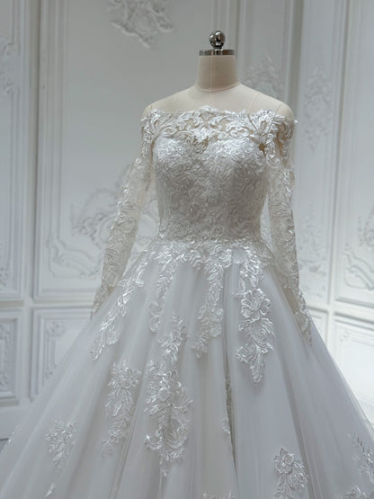 Stock Clearance! Bridal size 4! Custom-made off the shoulder with long sleeve classic lace Aline wedding dress - Ting's Bridal Collection