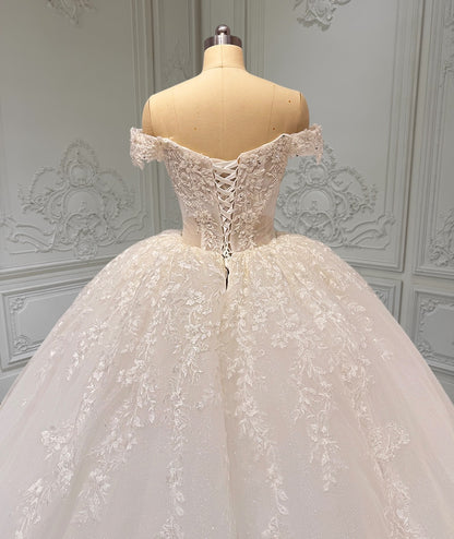 TBC-CM16 Custom-made lace embroidered off the shoulder with Deep V ballgown wedding dress - Ting's Bridal Collection