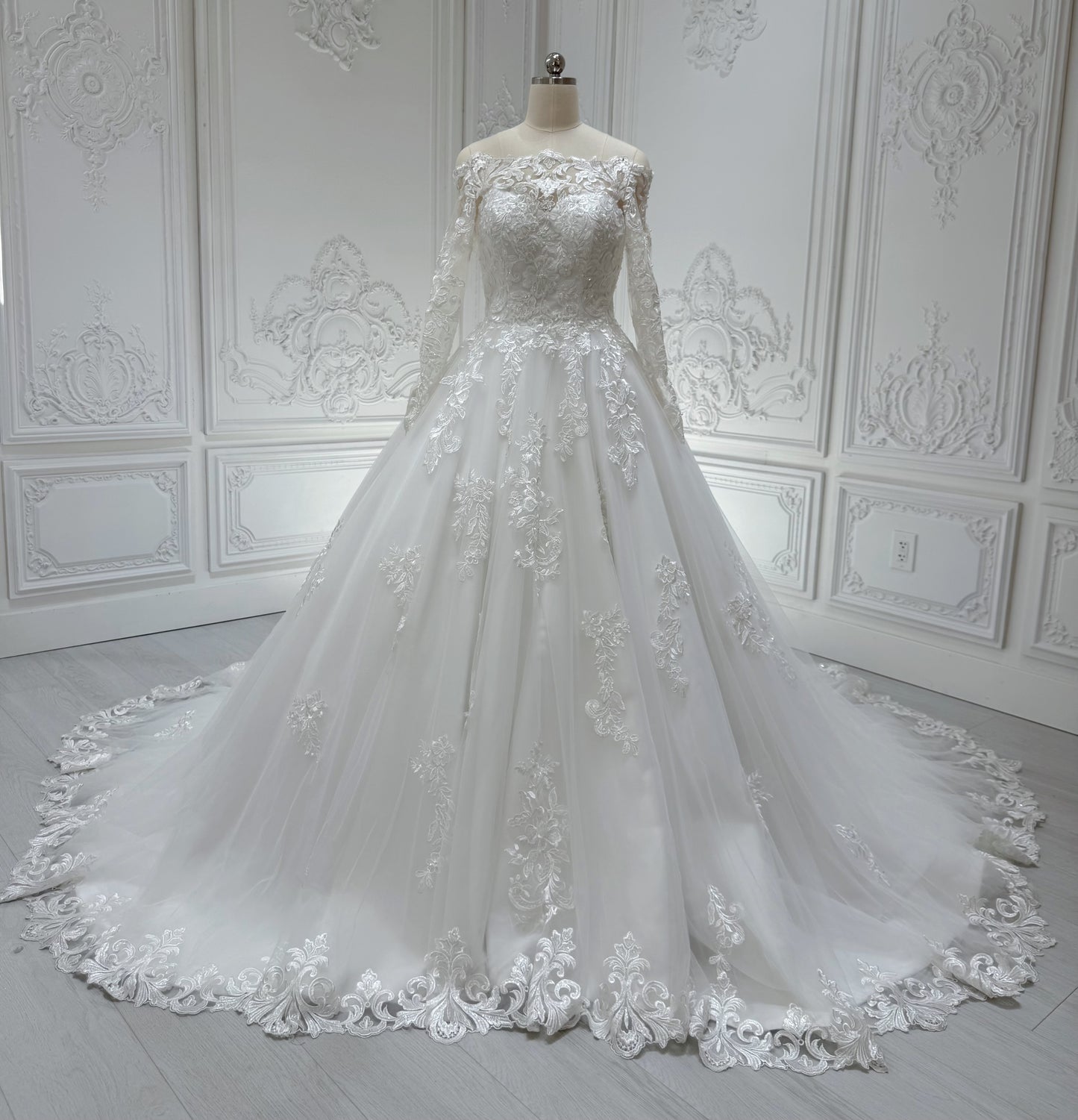 Stock Clearance! Bridal size 4! Custom-made off the shoulder with long sleeve classic lace Aline wedding dress - Ting's Bridal Collection