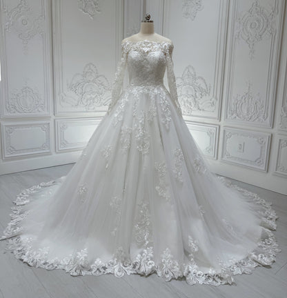 Stock Clearance! Bridal size 4! Custom-made off the shoulder with long sleeve classic lace Aline wedding dress - Ting's Bridal Collection
