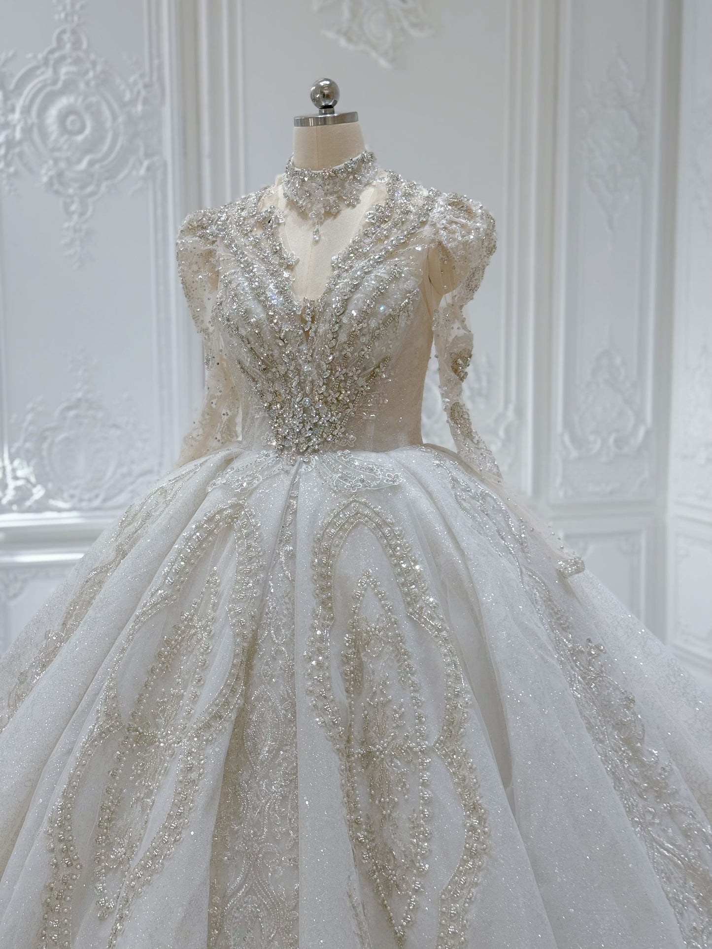 Stock Clearance! Bridal size 10! Luxury crystal beaded with beading lace long sleeve Victorian royal wedding dress with detachable neckpiece - Ting's Bridal Collection