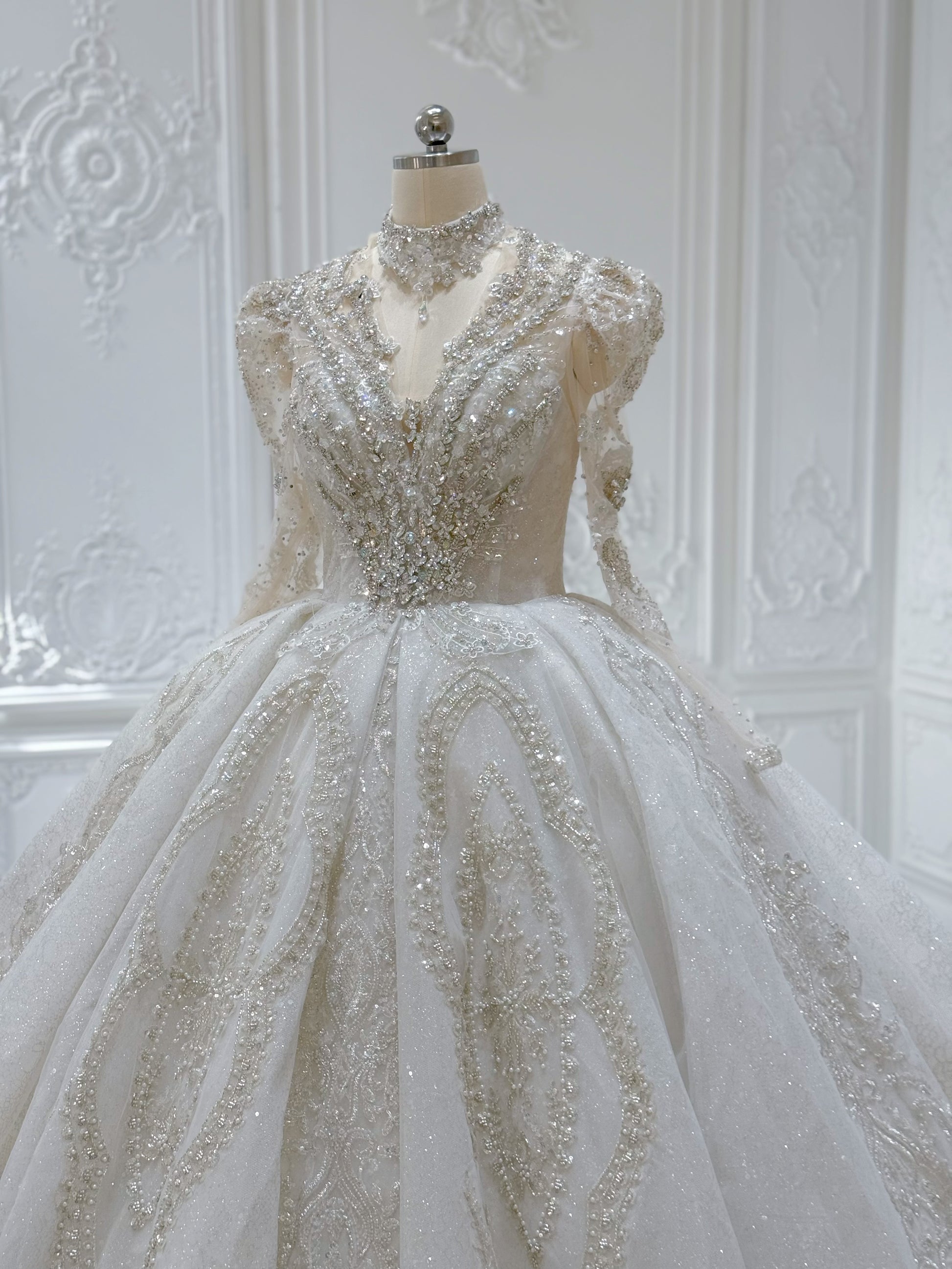 Stock Clearance! Bridal size 10! Luxury crystal beaded with beading lace long sleeve Victorian royal wedding dress with detachable neckpiece - Ting's Bridal Collection