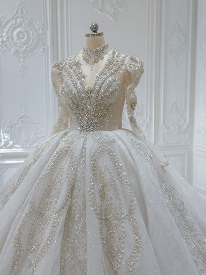 Stock Clearance! Bridal size 10! Luxury crystal beaded with beading lace long sleeve Victorian royal wedding dress with detachable neckpiece - Ting's Bridal Collection