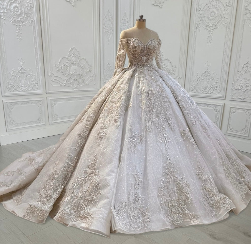 Custom-made luxury beading sparkling off the shoulder with V-neck long sleeve princess ballgown royal wedding dress - Ting's Bridal Collection