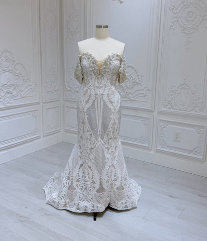 Stock Sale! Ivory crystal beaded fitting trumpet wedding dress with split - Ting's Bridal Collection