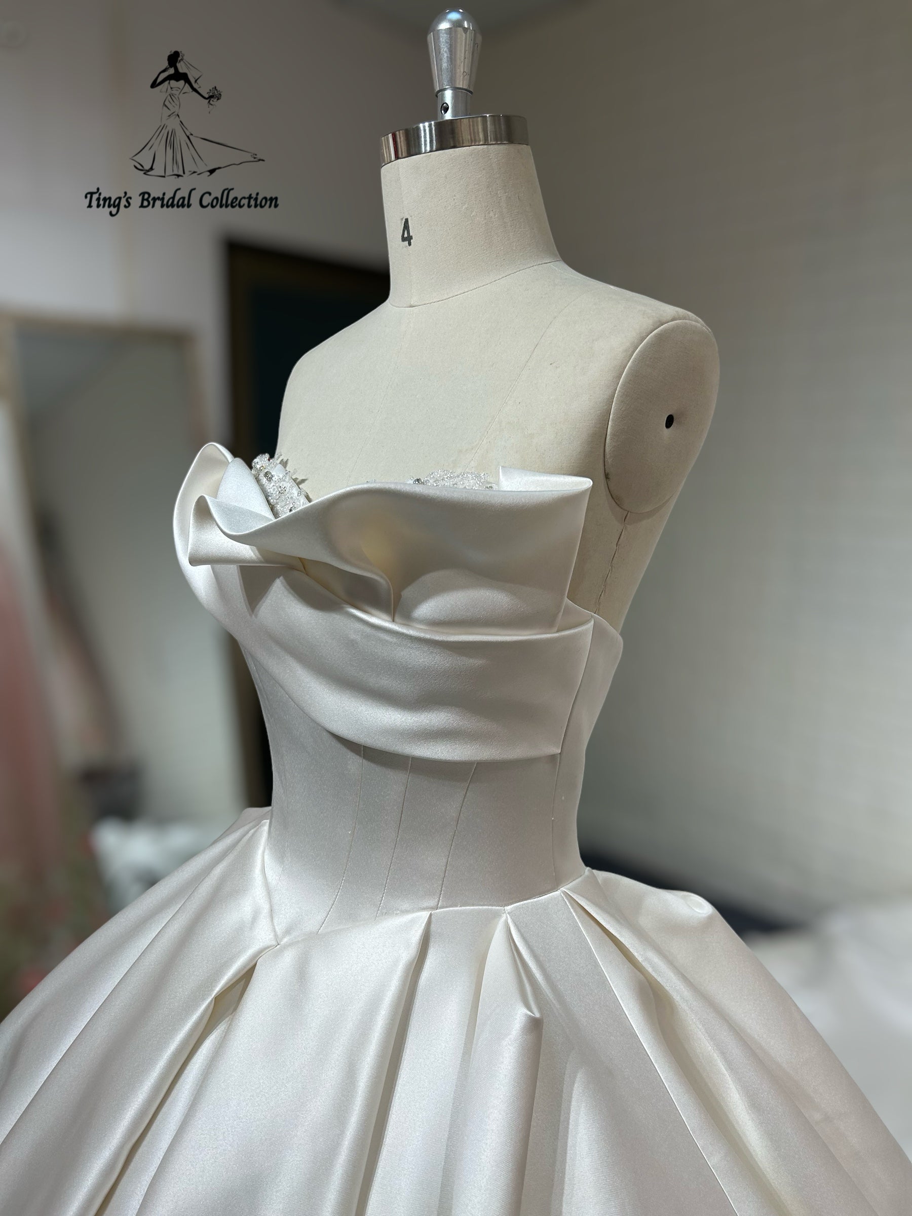 TBC-B027 Made to order satin ballgown wedding dress with ruffled neckline - Ting's Bridal Collection