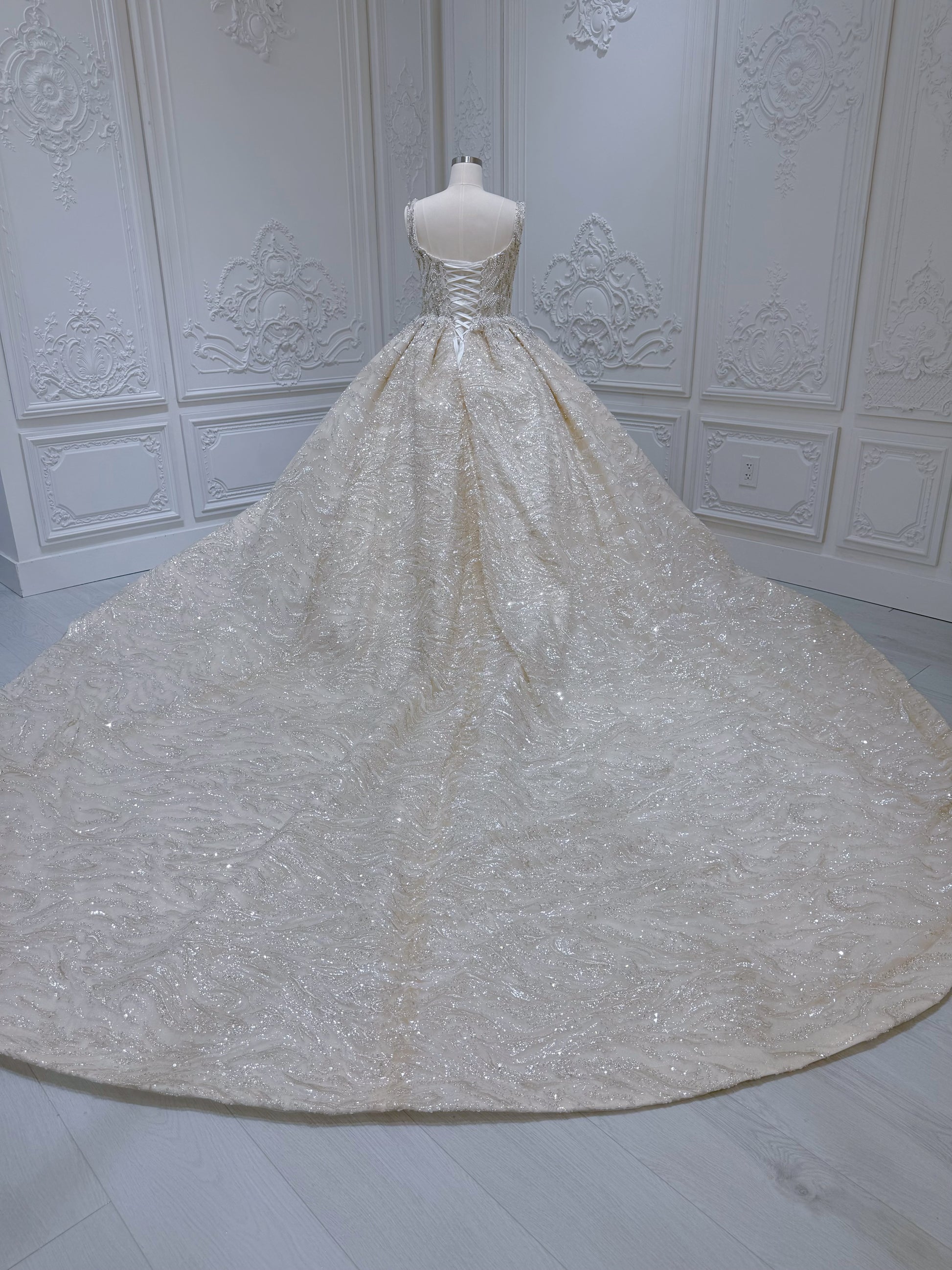 Custom-made luxury beading square neck sparkling princess ballgown royal wedding dress - Ting's Bridal Collection