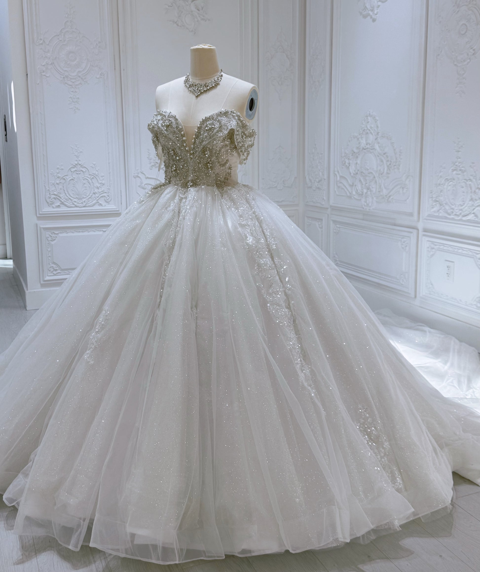 Stock Clearance! Bridal size 8! Custom-made off the shoulder crystal on beading lace princess ballgown sparkling wedding dress - Ting's Bridal Collection