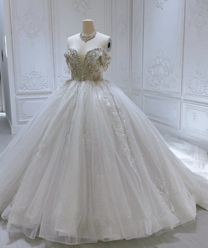 Stock Clearance! Bridal size 8! Custom-made off the shoulder crystal on beading lace princess ballgown sparkling wedding dress - Ting's Bridal Collection