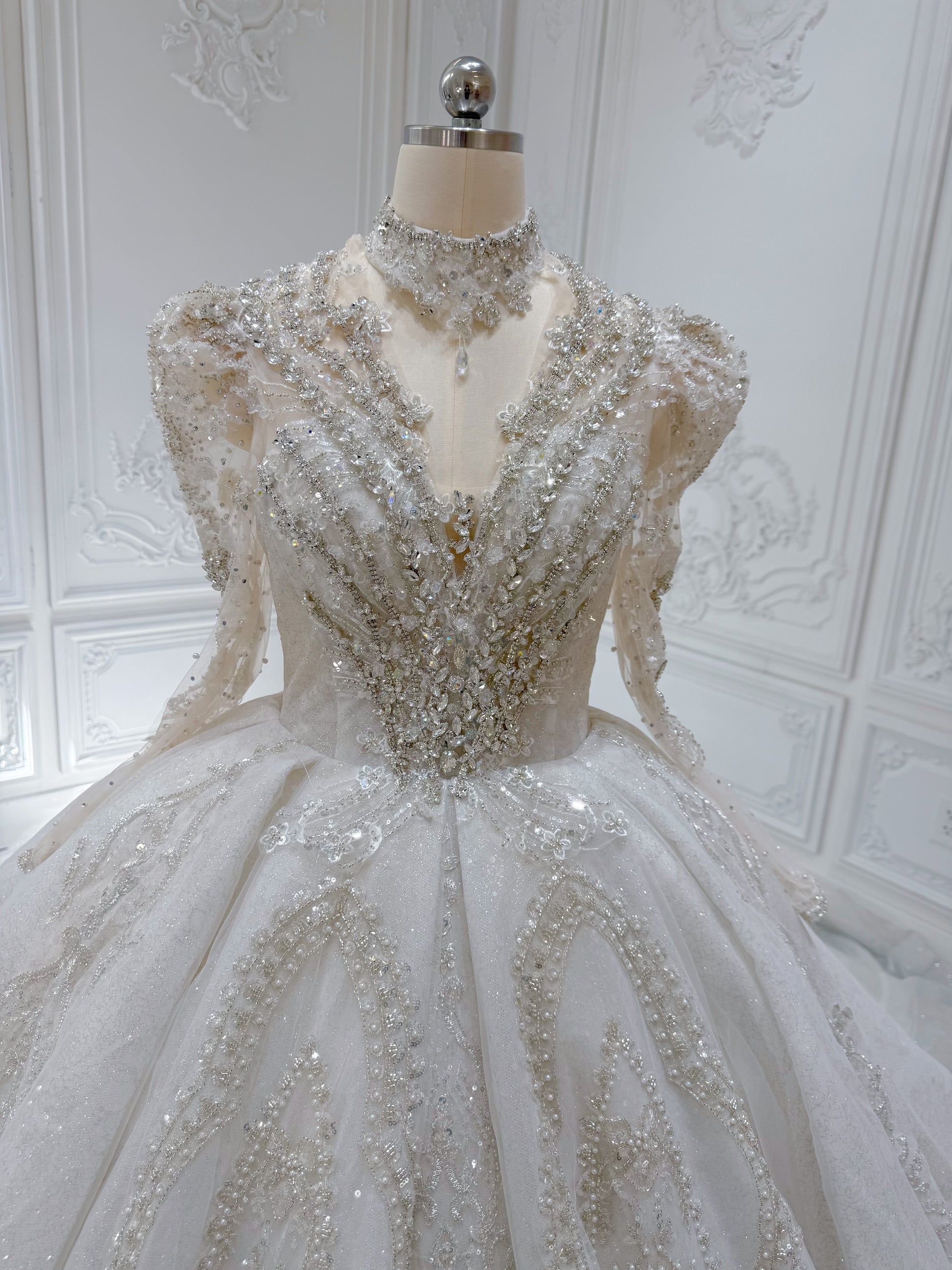 Stock Clearance! Bridal size 10! Luxury crystal beaded with beading lace long sleeve Victorian royal wedding dress with detachable neckpiece - Ting's Bridal Collection